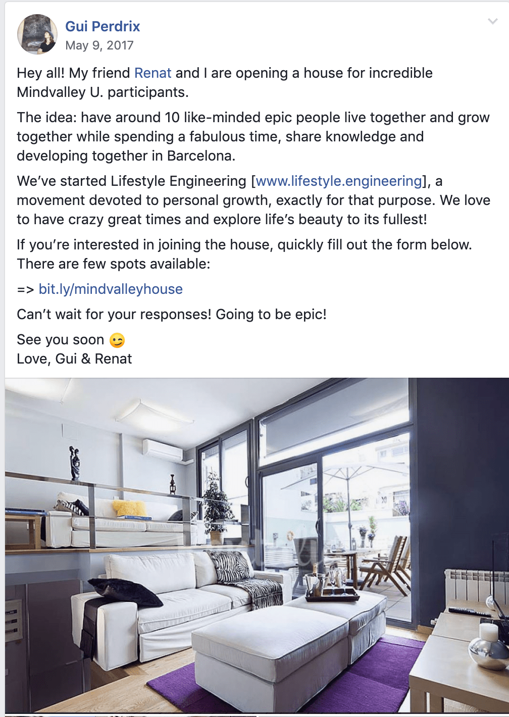 The Facebook post announcing a house for Mindvalley U participants in Barcelona