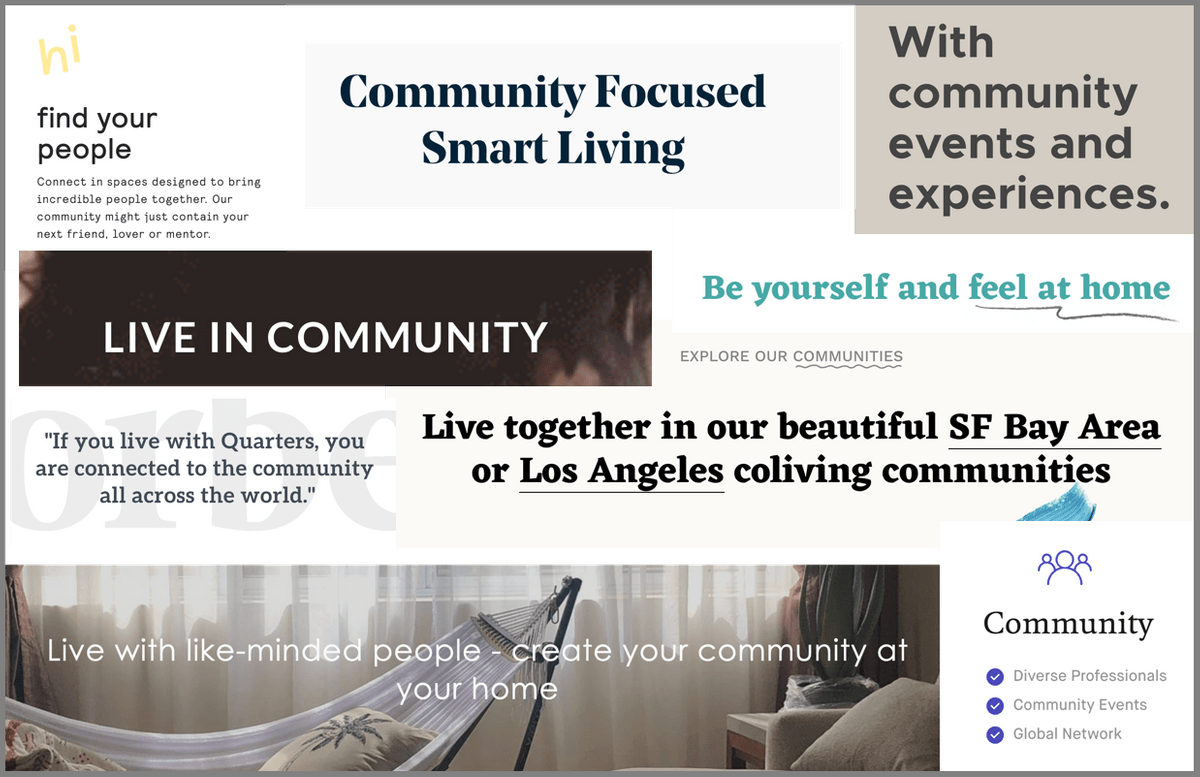 A collage of coliving websites all promising community