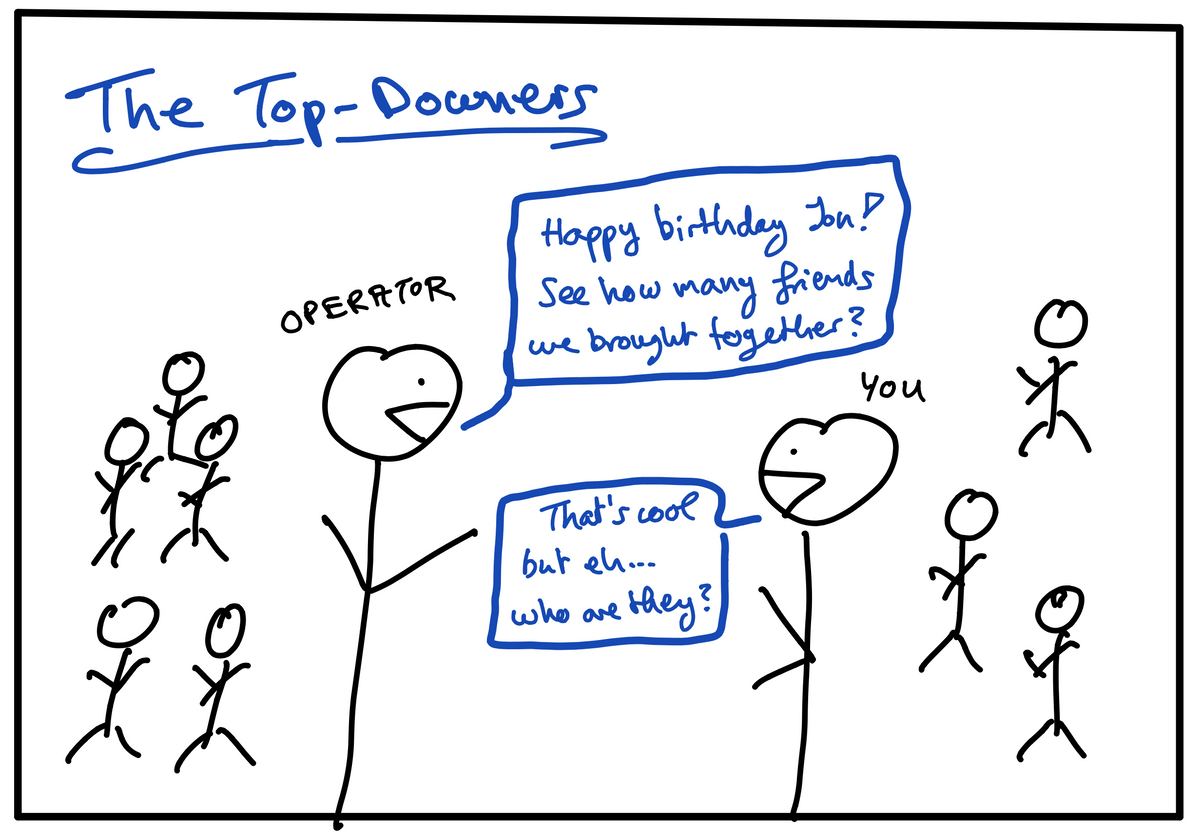The Top-Downers approach: the operator throws a party and you wonder who everyone is