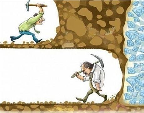 Cartoon: a miner turns back one swing short of the diamonds