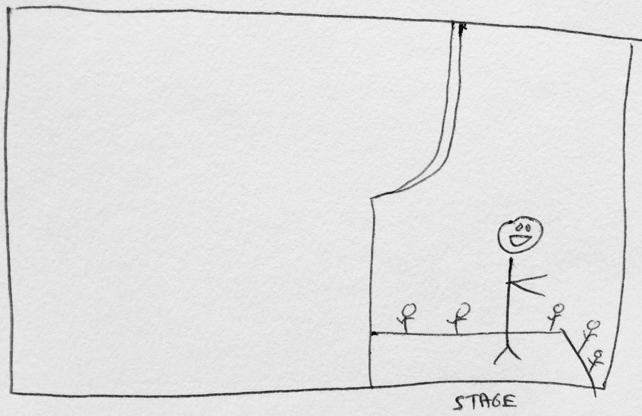 Sketch: a smiling figure on stage before a small crowd